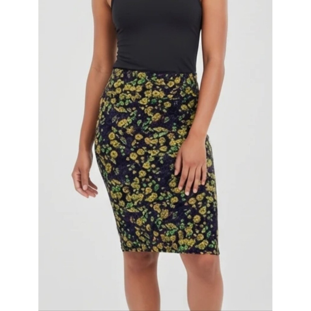 LuLaRoe Cassie Pencil Skirt XL Purple Yellow Green Geometric Floral Bodycon